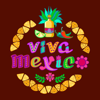 Viva Mexico, decorated logo. Cartoon letters, tequila, nachos. Vector illustration.