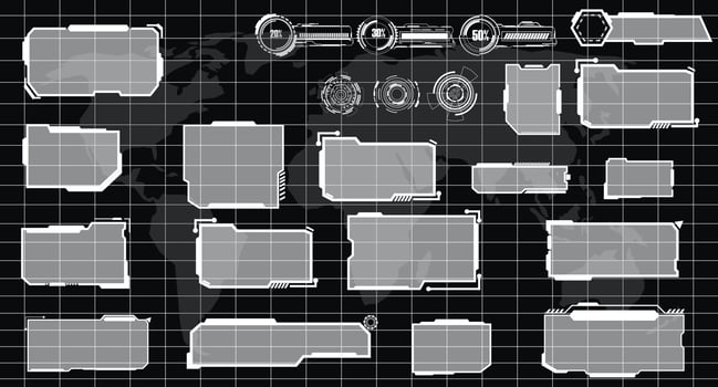 digital interface HUD elements set pack. User Interface, frame screens. Callouts titles, FUI circle set, Loading bars. Dashboard reality technology screen. Vector