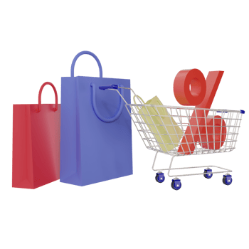 Shopping cart with shopping bags and percent symbol on green background. Grocery stroller. Discount concept. 3d rendering illustration png