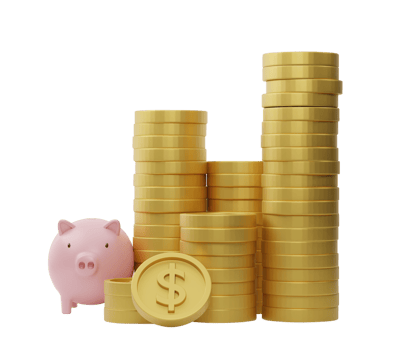 3d rendering. Stack of dollar coins with pink piggy bank isolated on transparent background PNG file.