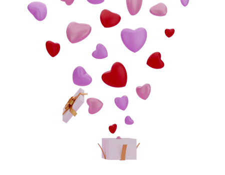 Open gift box with balloon heart isolated transparent background PNG file. 3D Render.
