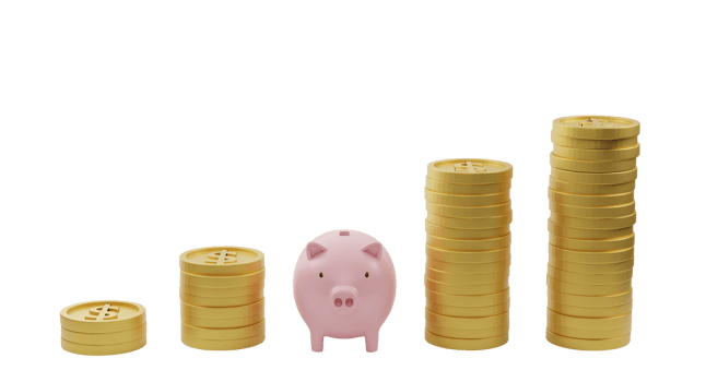 Pink piggy bank and golden coins of growing graph isolated on transparent background PNG file. 3D rendering.