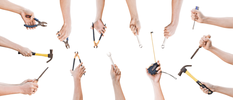 Collection of hands holding mechanic tools isolated on transparent background PNG file
