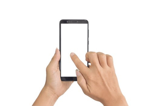 Hand holding phone mobile and touching screen on transparent background PNG file