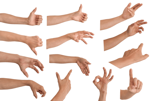 Set of male hand multiple collection in gestures isolated on transparent background PNG file