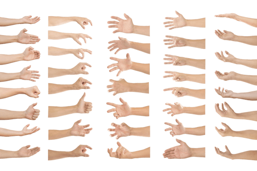 Collection of human hands in multiple gesture on transparent background PNG file