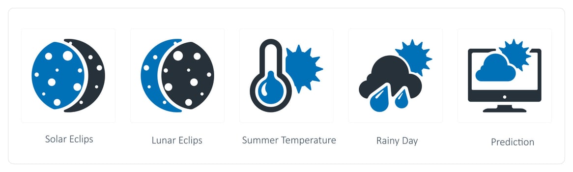 A set of 5 weather icons such as solar eclipse, lunar eclipse and summer temperature vector