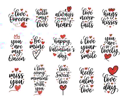Hand lettering valentines day love heart typography set quotes calligraphy valentine's day greeting card background vector