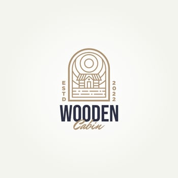 minimalist log wooden cabin with sunrise icon logo template vector illustration design. simple modern cottage, lodge, housing emblem logo icon concept