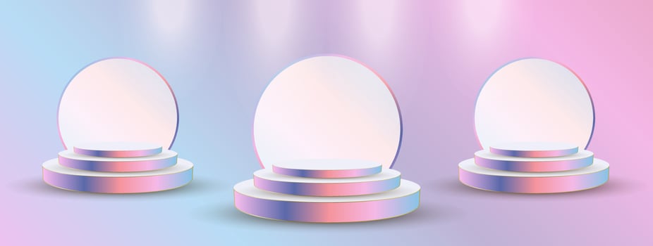 Group of three stages Award ceremony concept with backdrop design iv vector. Rainbow 3 Abstract round podiums. Three stage of products presentation concept templates vector