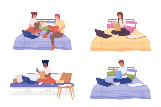 Doing homework by yourself semi flat color vector characters set. Editable figures. Full body people on white. Simple cartoon style illustration pack for web graphic design and animation