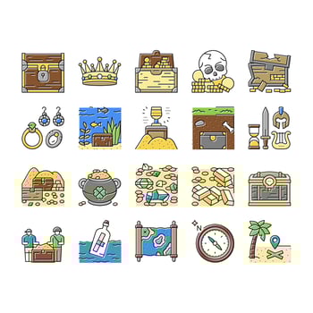 Treasure Golden Jewels In Chest Icons Set Vector