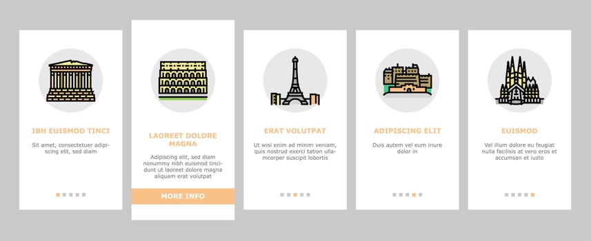 Europe Monument Construction onboarding icons set vector