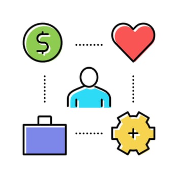 working process, love and pay for work color icon vector illustration