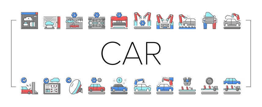Car Factory Production Collection Icons Set Vector