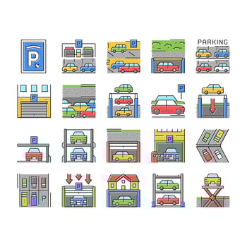 Underground Parking Collection Icons Set Vector