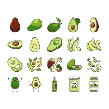 avocado food green half icons set vector