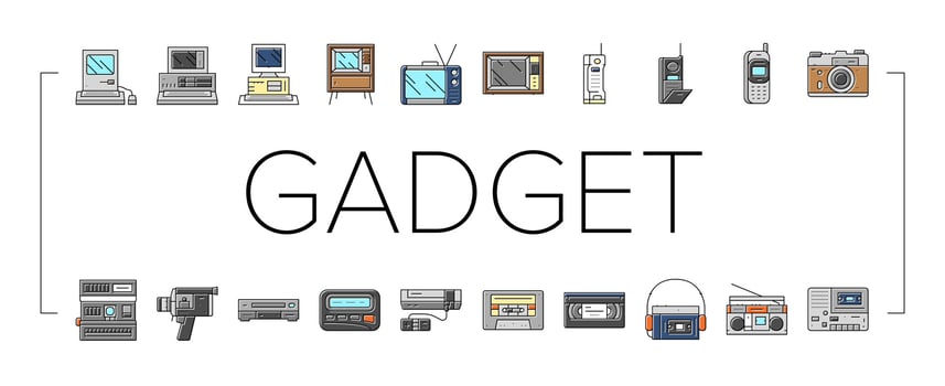 retro gadget technology device icons set vector