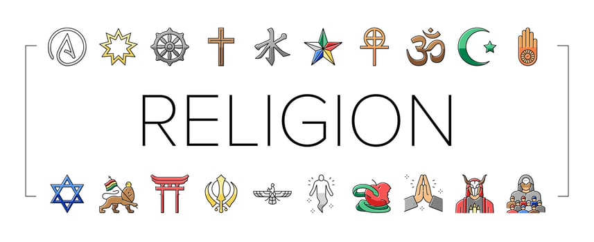Religion, Prayer Cult And Atheism Icons Set Vector