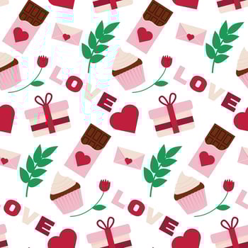 Valentine's Day pattern. Design with sweets, flowers, and hearts for February 14 vector