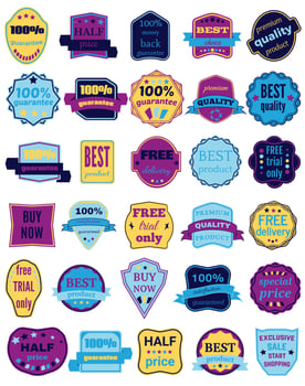 Set of Thirty Vector Badges with Ribbons. Web stickers and labels. Isolated vector illustration.