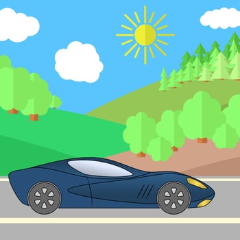 Dark Blue Sport Car on a Road on a Sunny Day. Summer Travel Illustration. Car over Landscape. vector