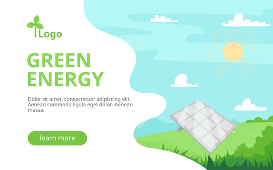 Meadow landscape banner. Solar PV panel power plant station. Renewable energy sources, sustainable photovoltaic solar energy generation with sun on summer background with blue sky, green grass. vector