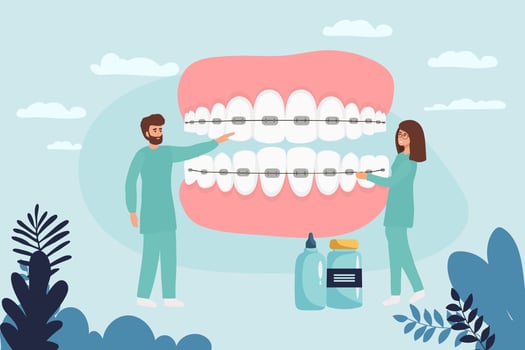 Orthodontist installs dental braces for straightening. Tiny Dentist doctor research X-ray picture of tooth. Dentistry, braces installation, teeth alignment. Prosthetics, Orthodontic treatment. vector