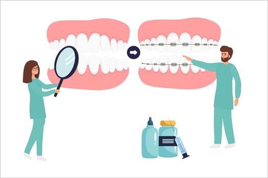 Orthodontist installs dental braces for straightening. Tiny Dentist doctor research X-ray picture of tooth. Dentistry, braces installation, teeth alignment. Prosthetics, Orthodontic treatment, vector