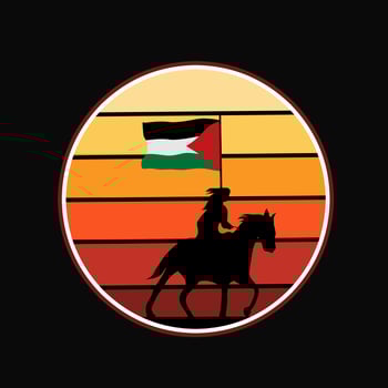 illustration vector of woman riding horse holding palestine flag in sunset scenery perfect for print,banner,poster,etc