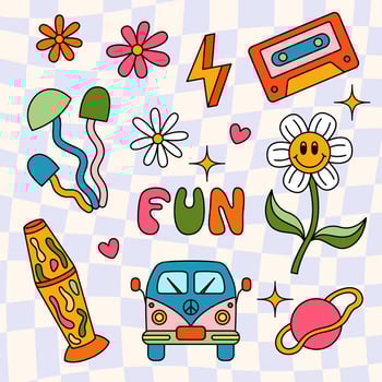 Vector retro stickers isolated on groovy background. 70s style cartoon pictures and doodle letter