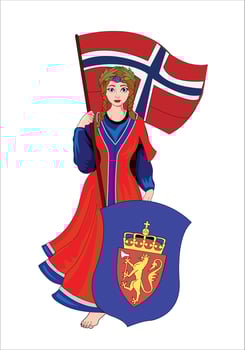 Norway girl holding flag and shield vector illustration