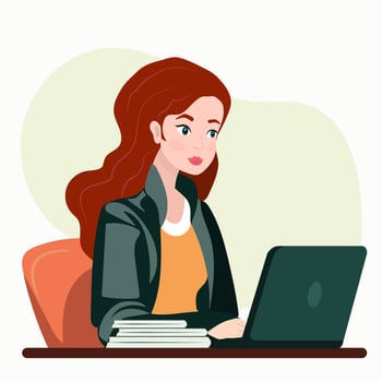 Home from work concept. Young woman working in home, sitting with laptop. Student or freelancer. vector