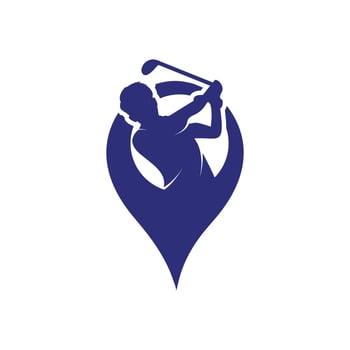 Vector golf club and map pointer logo combination. Golf player hits ball inspiration Logo design