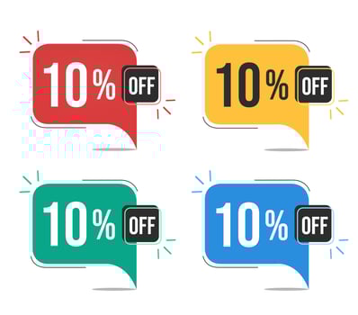 10 percent off. Red, yellow, green and blue tags with ten percent discount. Banner with four colorful balloons with special offers vector. vector