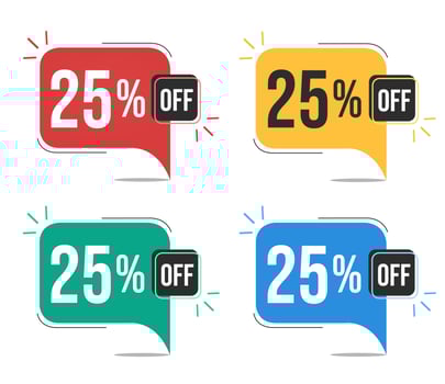 25 percent off. Red, yellow, green and blue tags with twenty-tfive percent discount. Banner with four colorful balloons with special offers vector. vector