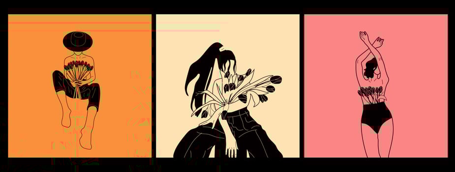Set of three Female blooming from within flat vector illustration. Nude woman with flowers growing from chest. Femininity, feminism, prosperity and self love concept.