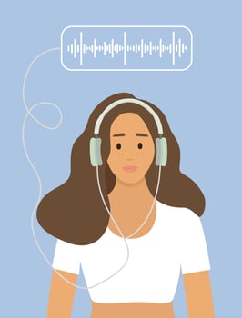 People listen to sound in headphones, podcast app on smartphone, podcaster speaks into microphone or audiobook. Radio Dj, blogging. A girl reads the news, speaks into a microphone an online show vector