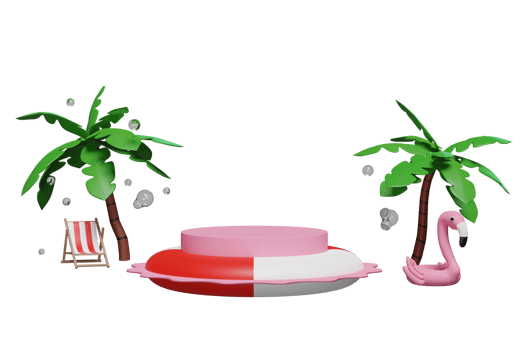 3d cylinder stage podium empty with summer beach, chair, Inflatable flamingo, palm tree, water splash isolated. shopping summer sale concept, 3d render illustration png