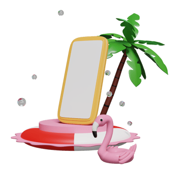 3d mobile phone, smartphone with cylinder podium, Inflatable flamingo, palm tree, lifebuoy, water splash isolated. summer travel vacation, template concept, 3d render illustration png