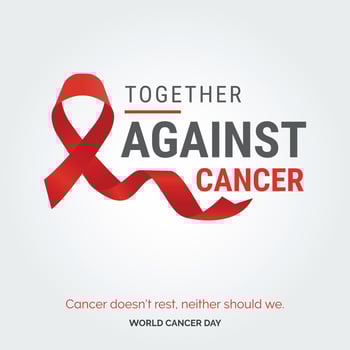 Together Against Cancer Ribbon Typography. Cancer doesn't rest. neither should we - World Cancer Day vector