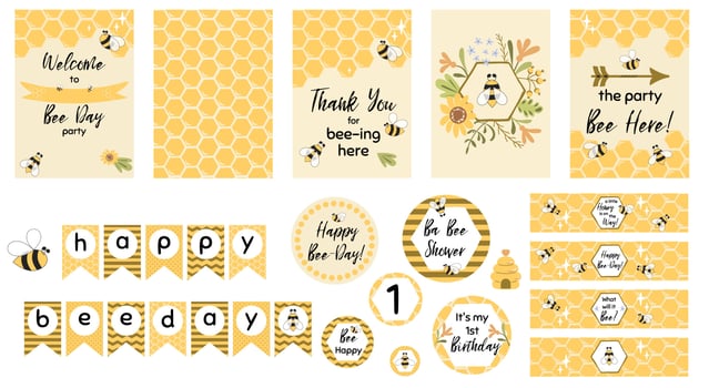 Bee party set. Sweet bee day card templates for baby shower, kids party, birthday, children event. Welcome, thank you. Bee day garland, cupcake toppers. Cute printable bee banner. Vector illustration.