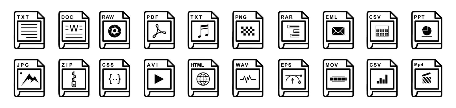 Big Collection of vector icons, file extensions diverse icons set - A set of computer files and software icons stock vector