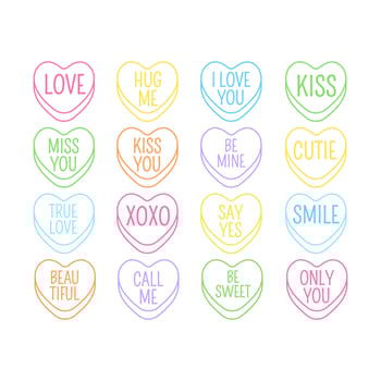 Conversation hearts Valentines Day rainbow candy sweets love blank frame icon vector