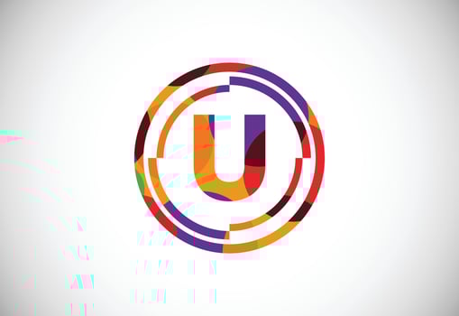Letters U with circle frames low poly art style. English alphabet, vector illustration