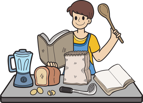 Hand Drawn Man practicing cooking from a book illustration in doodle style png