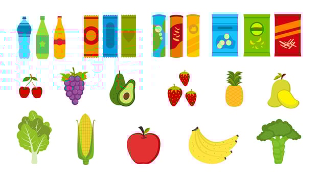 Set of vegetables, fruits, drinks and snacks for food donation. vector