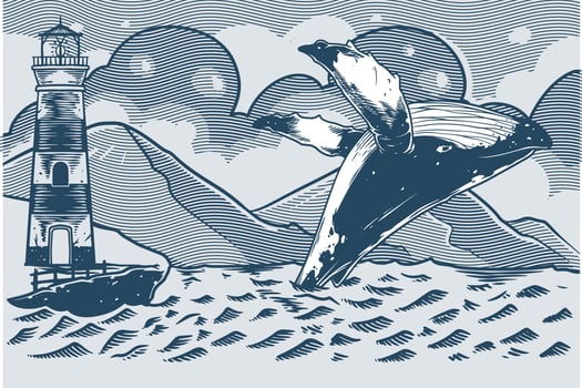 Hand drawing of jumping wheel in ocean theme vintage style. vector