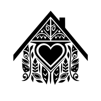 Tribal cozy house sign with a love heart. Black and white vector illustration for logo, emblem, sign, embroidery.