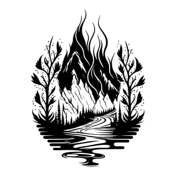 Mountains, trees and river. Black and white vector landscape.